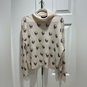 Skull Cashmere Cream Turtleneck Sweater with Black Skull Print